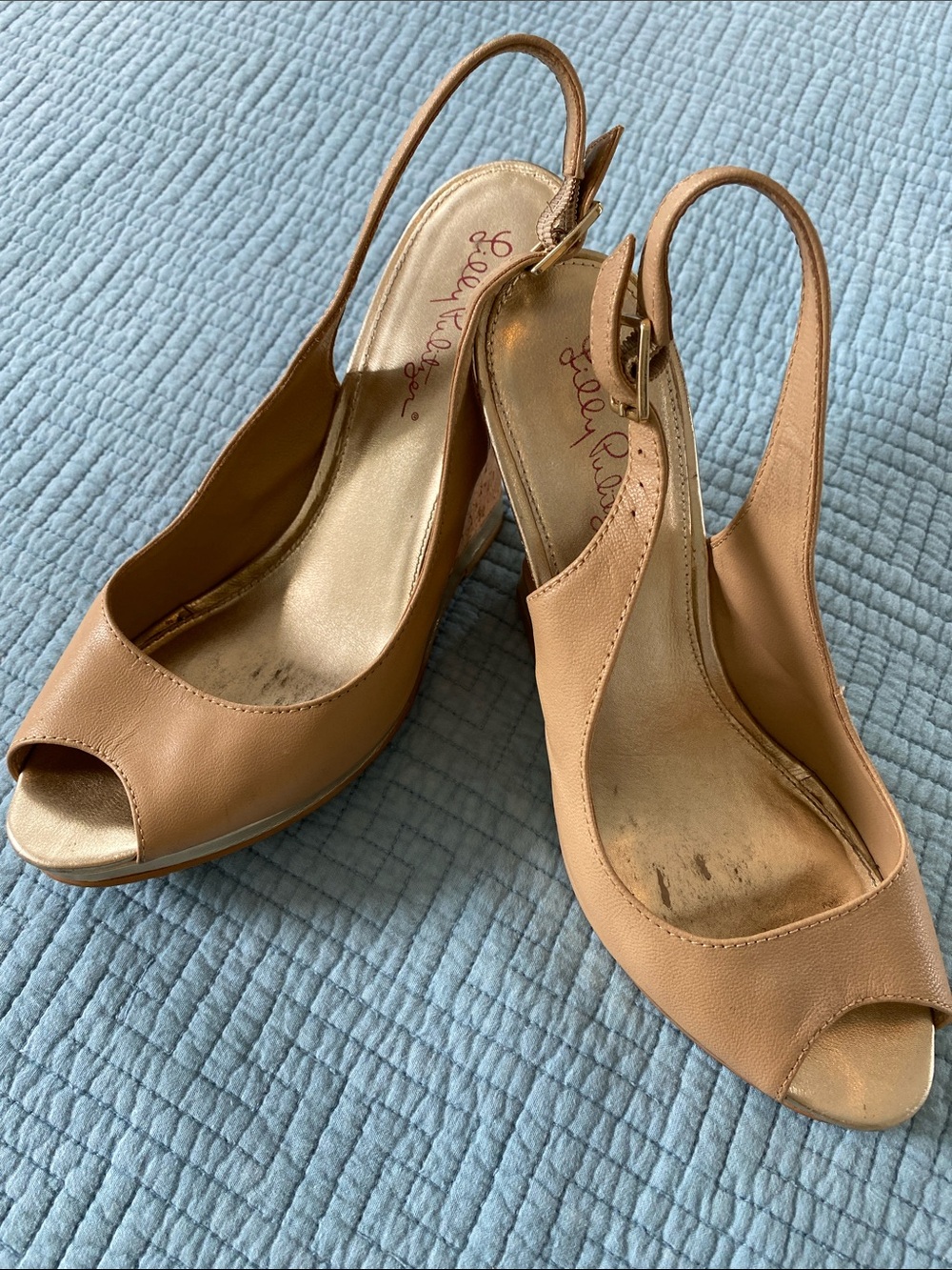 Lilly Pulitzer Tan Peep-Toe Slingback Wedges